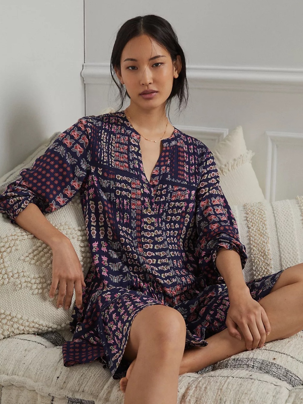 Anthropologie Diana Pintucked Tunic Floral Boho Long Sleeved Dress